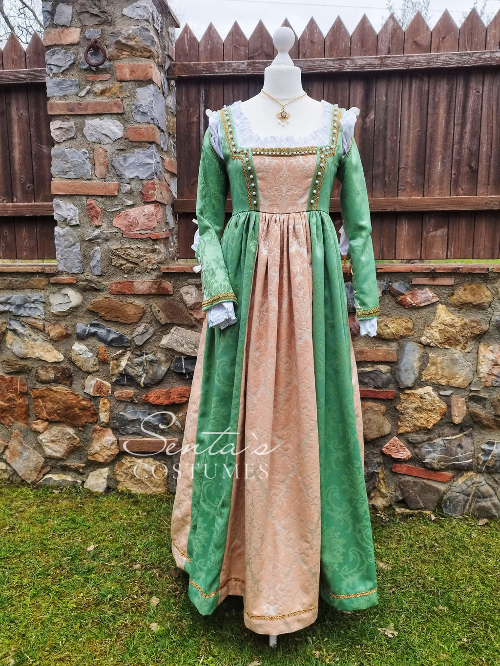 Abito rinascimentale verde chiaro e albicocca – fatto a mano