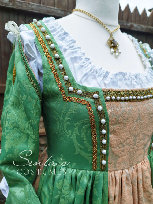 Renaissancekleid in Hellgrün und Apricot – Handgefertigt