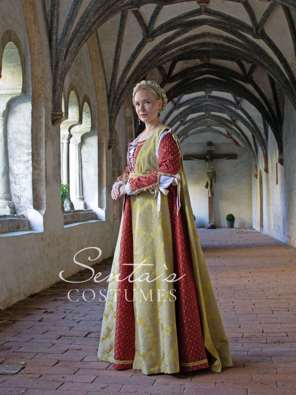 Rotes Renaissancekleid mit Giornea, Haube und Partlet 36-40 (EU) – handgefertigt
