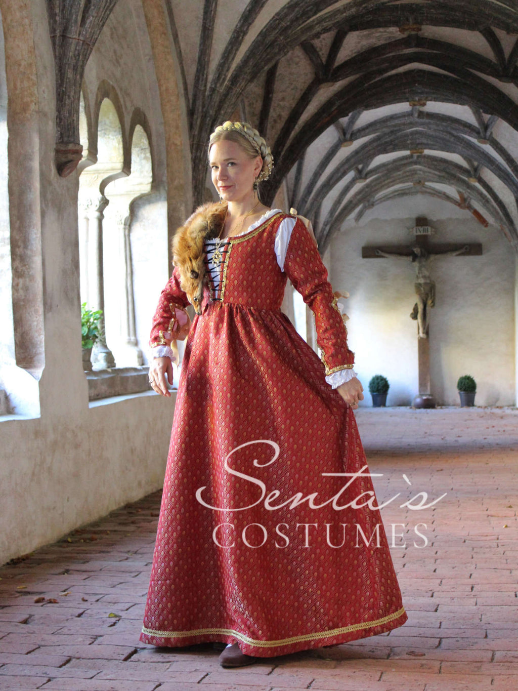 Rotes Renaissancekleid mit Giornea, Haube und Partlet 36-40 (EU) – handgefertigt