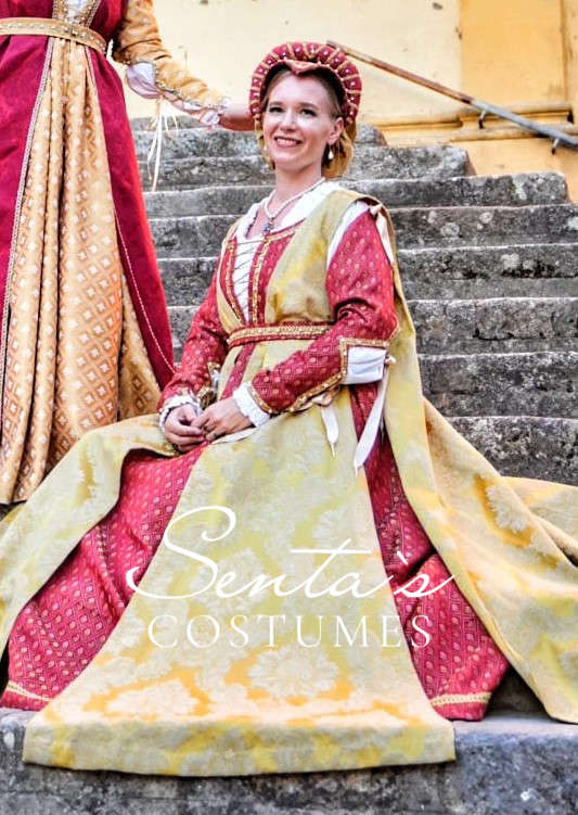Rotes Renaissancekleid mit Giornea, Haube und Partlet 36-40 (EU) – handgefertigt