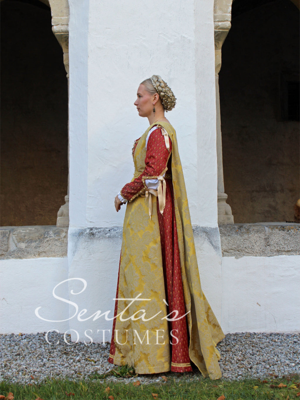 Rotes Renaissancekleid mit Giornea, Haube und Partlet 36-40 (EU) – handgefertigt