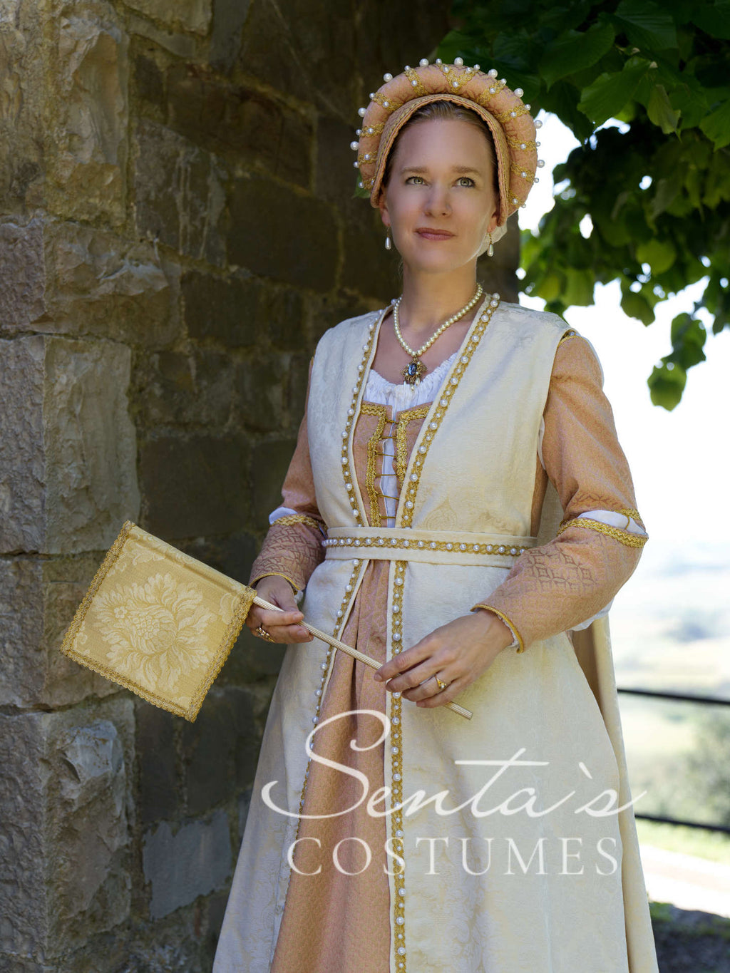 Pink Renaissance dress with white coat and hatpeace M L (EU) – handmade