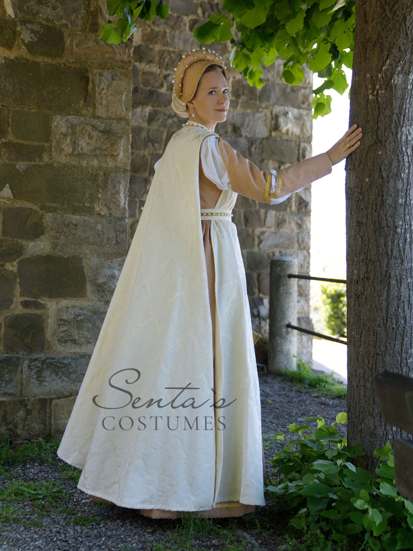 Pink Renaissance dress with white coat and hatpeace M L (EU) – handmade