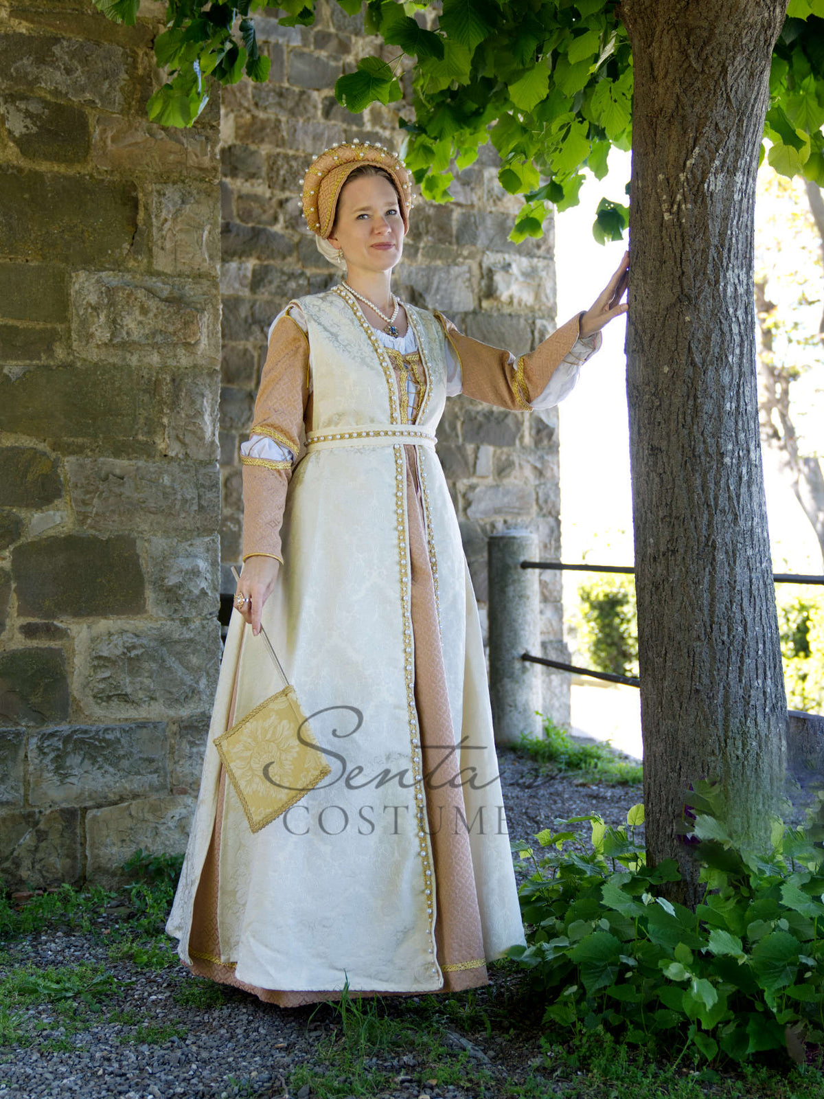 Pink Renaissance dress with white coat and hatpeace M L (EU) – handmad – Senta's Costumes