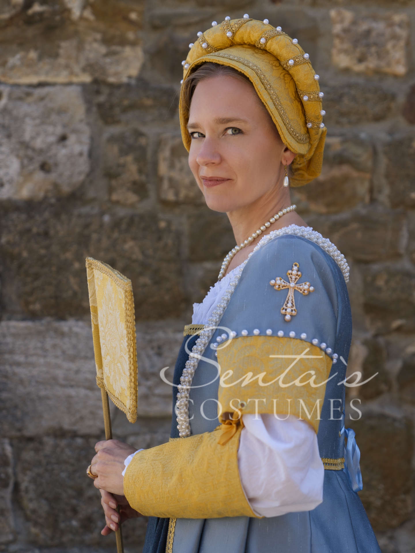 Blaues und gelbes Renaissancekleid mit Haube und blauem Stabfächer M L (EU) – handgefertigt