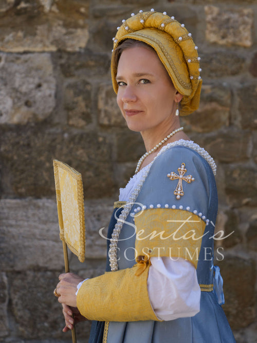 Blaues und gelbes Renaissancekleid mit Haube und blauem Stabfächer M L (EU) – handgefertigt