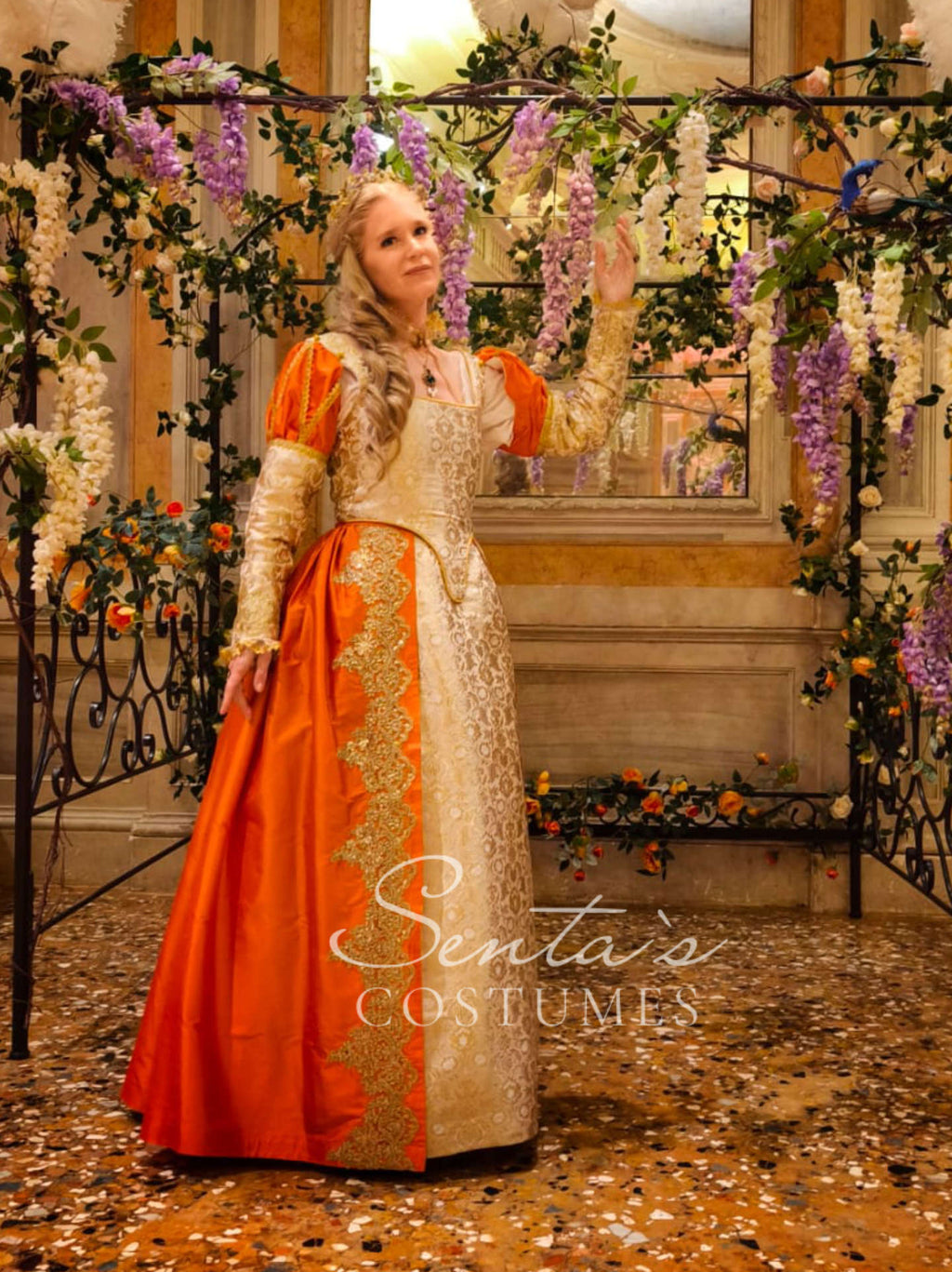 Handmade late Renaissance dress in white, gold and orange