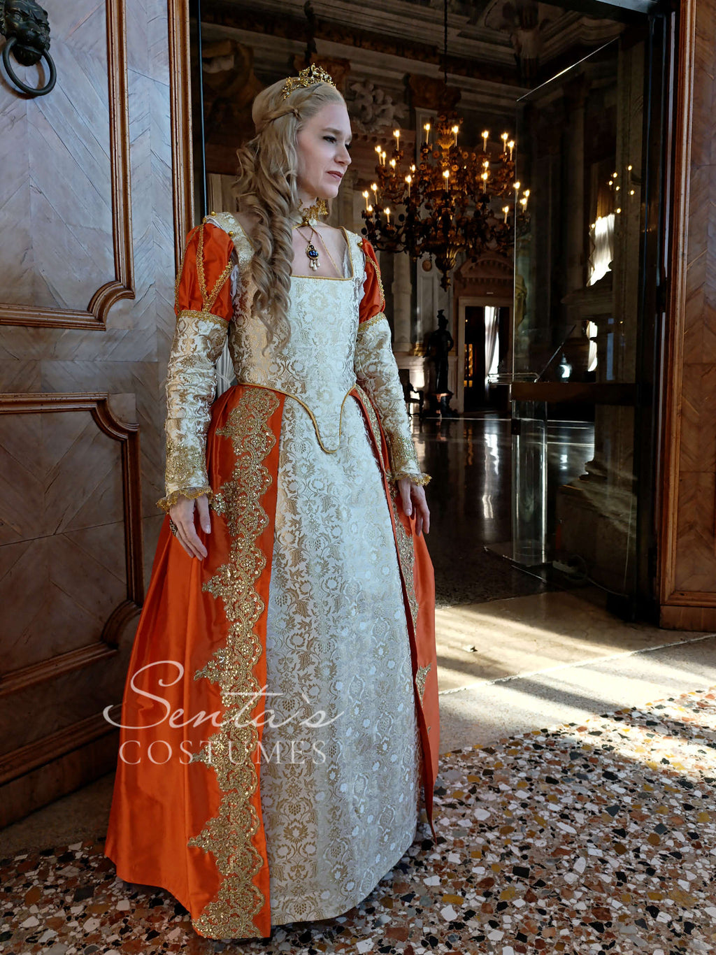 Handmade late Renaissance dress in white, gold and orange