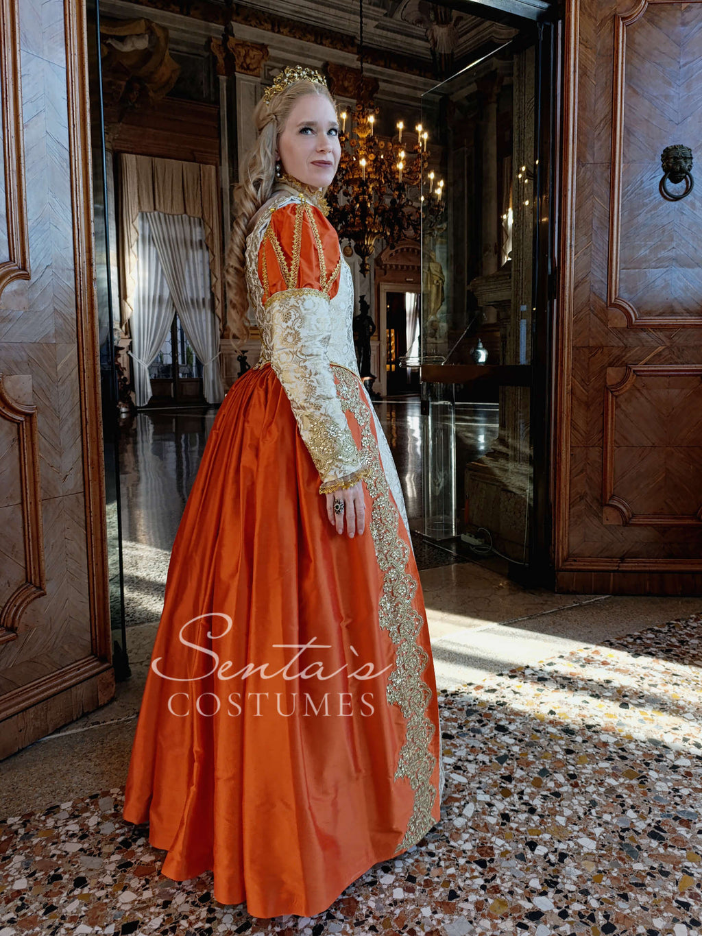 Handmade late Renaissance dress in white, gold and orange