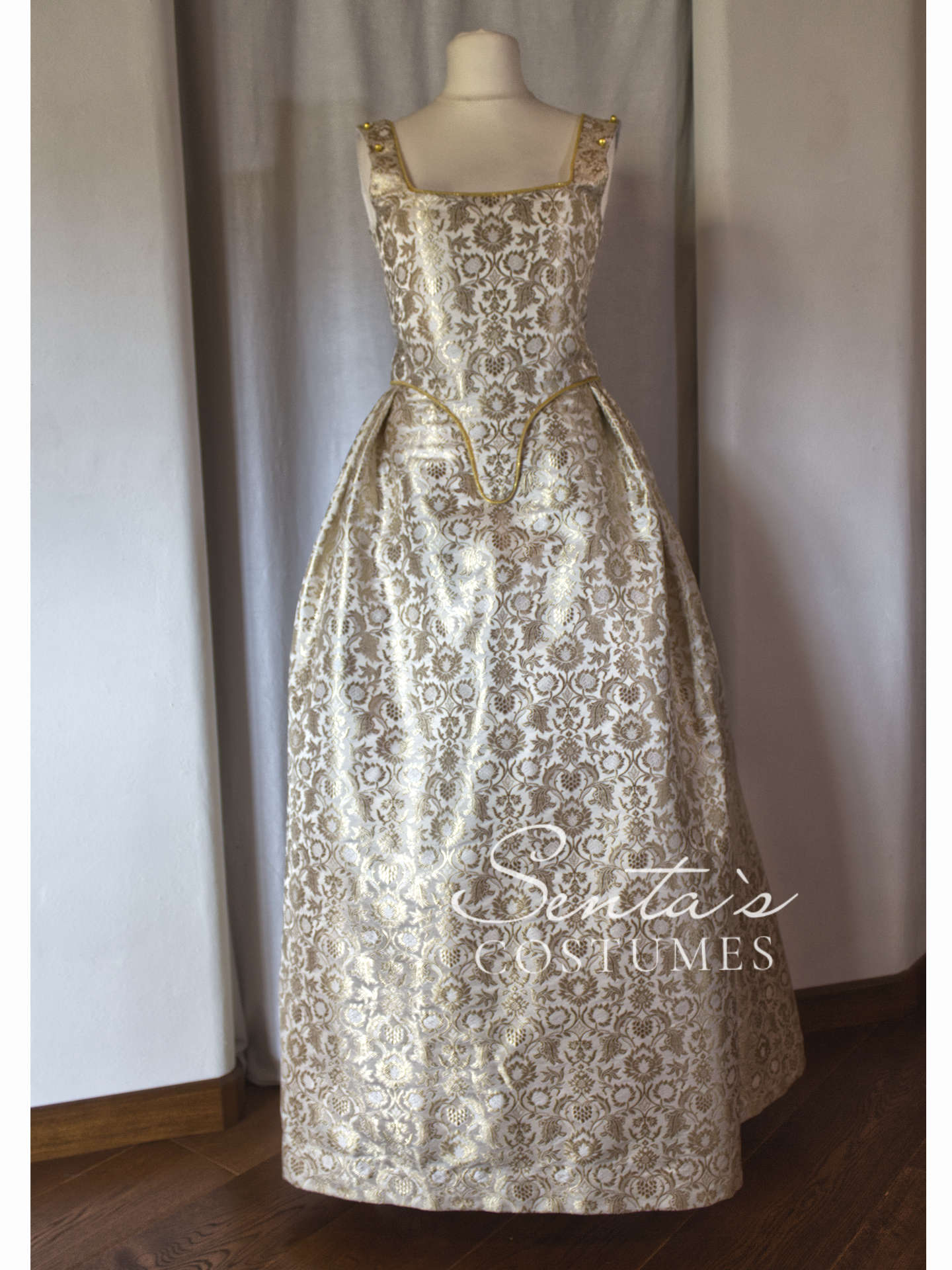 Handmade late Renaissance dress in white, gold and orange