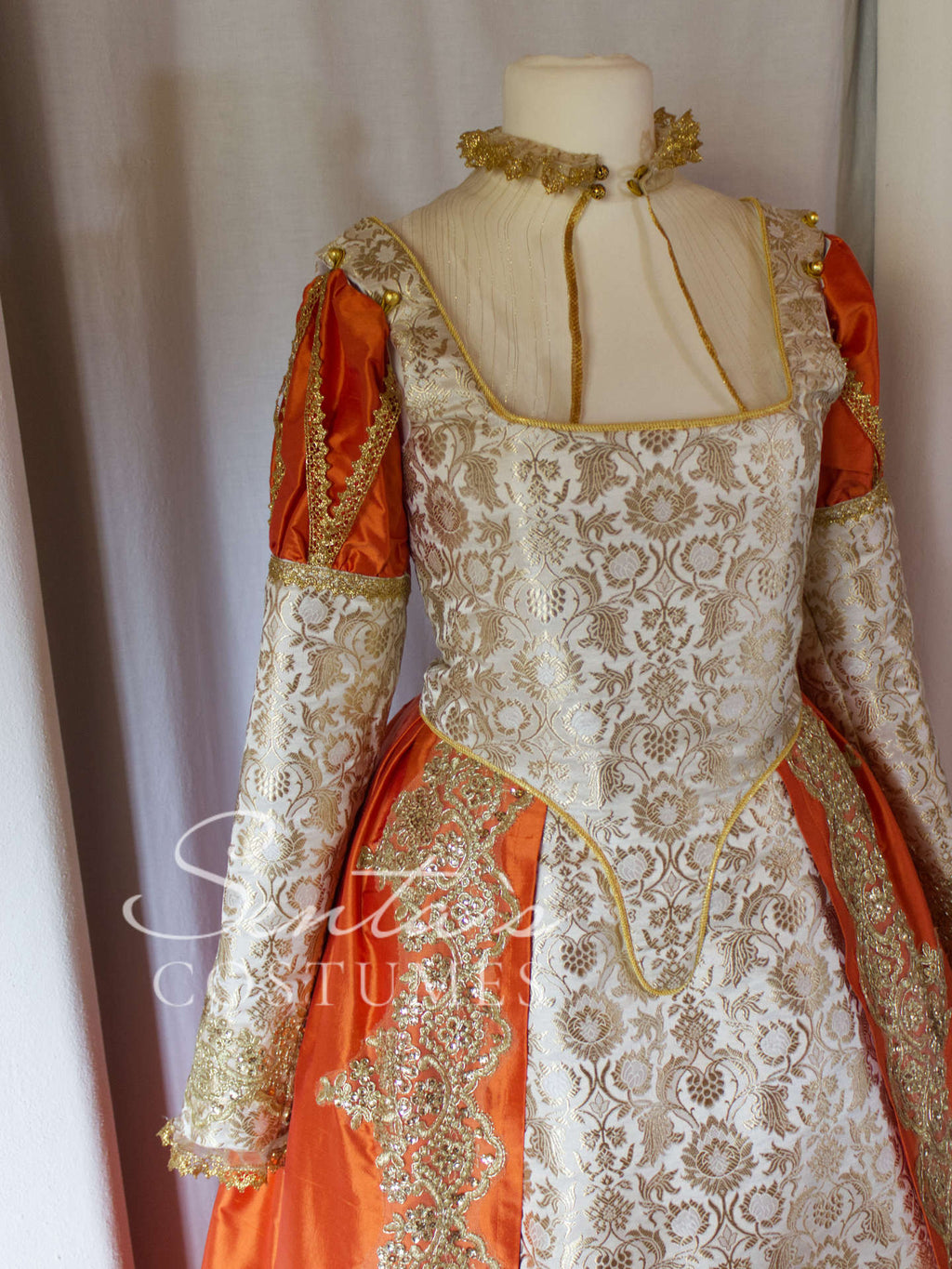 Handmade late Renaissance dress in white, gold and orange