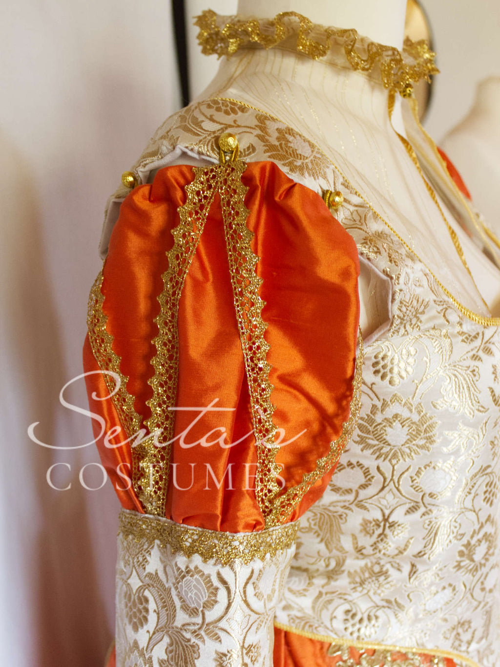 Handmade late Renaissance dress in white, gold and orange