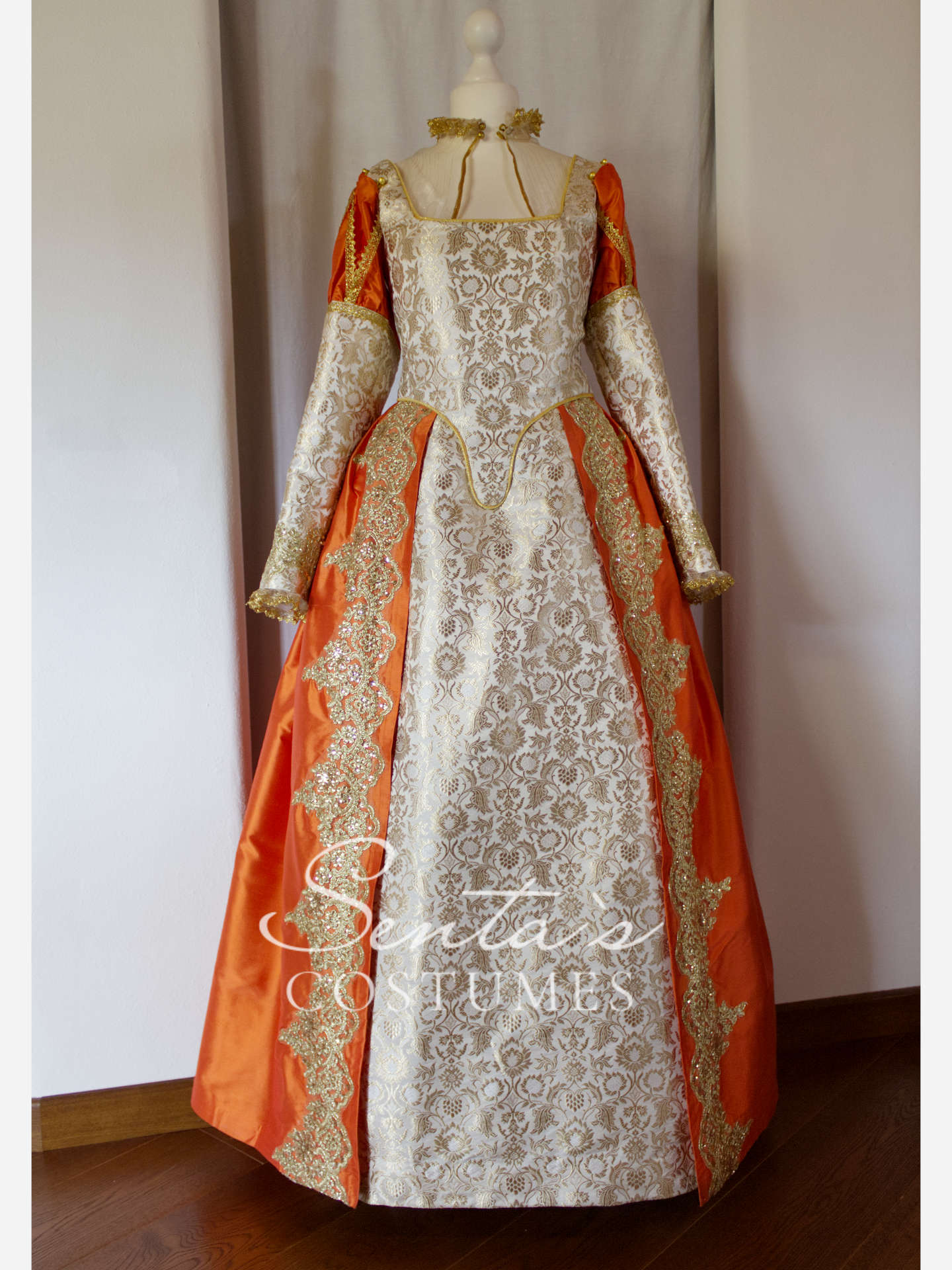 Handmade late Renaissance dress in white, gold and orange