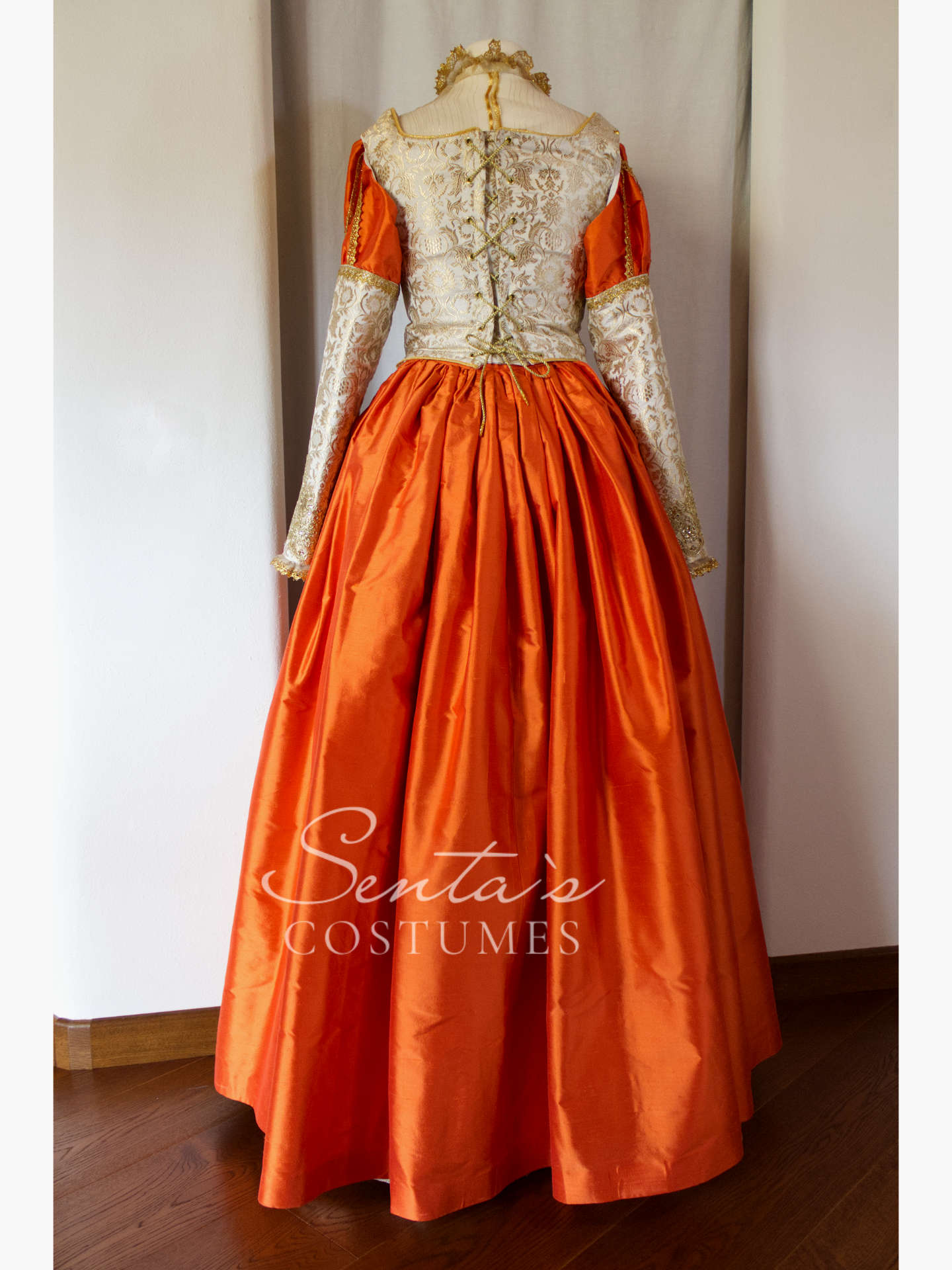 Handmade late Renaissance dress in white, gold and orange