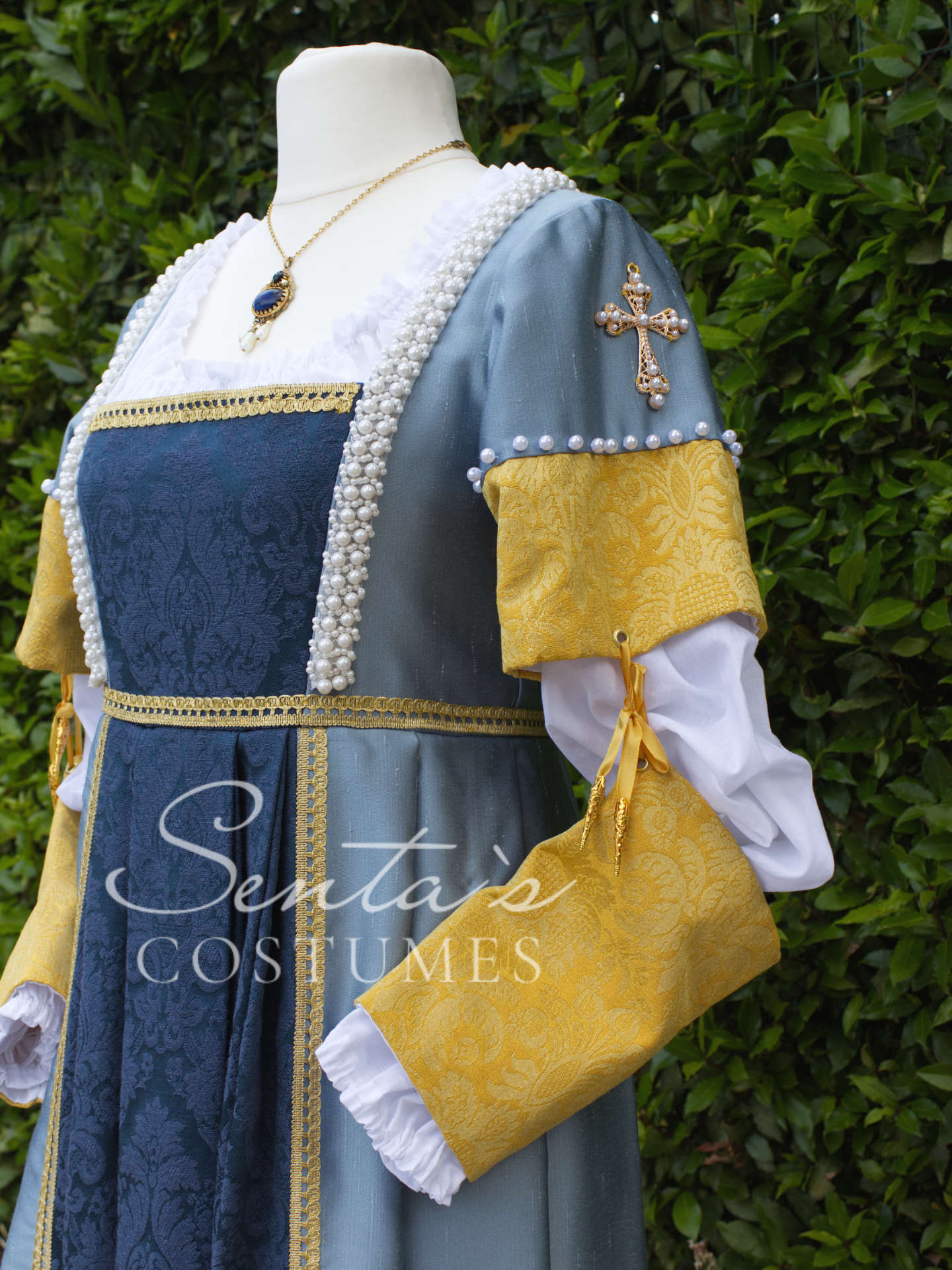 Blue and yellow Renaissance dress with hat and blue fan M L (EU) – handmade