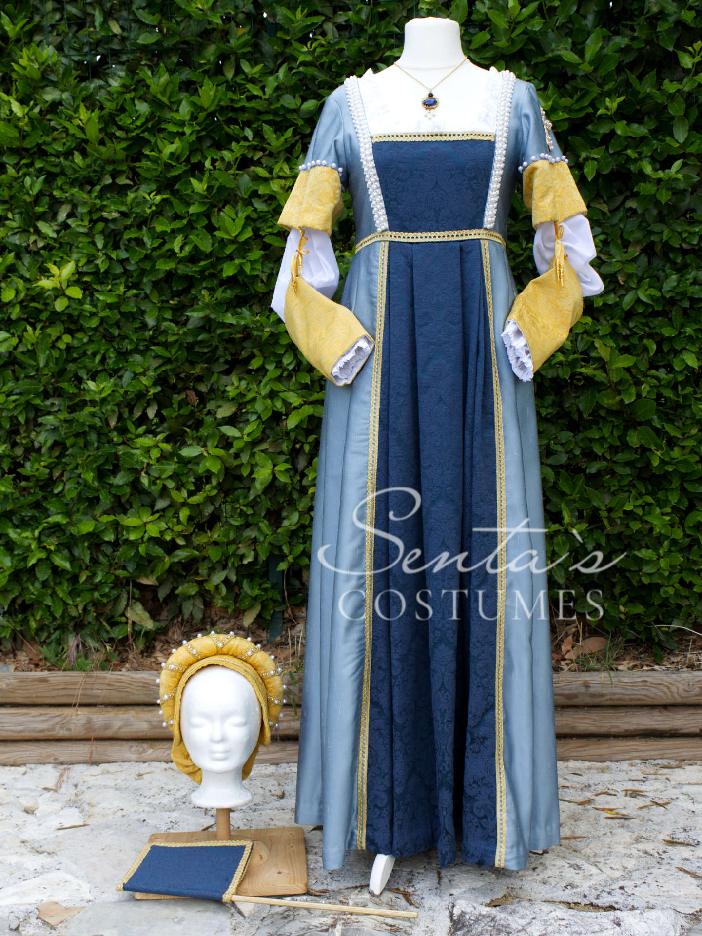 Blaues und gelbes Renaissancekleid mit Haube und blauem Stabfächer M L (EU) – handgefertigt