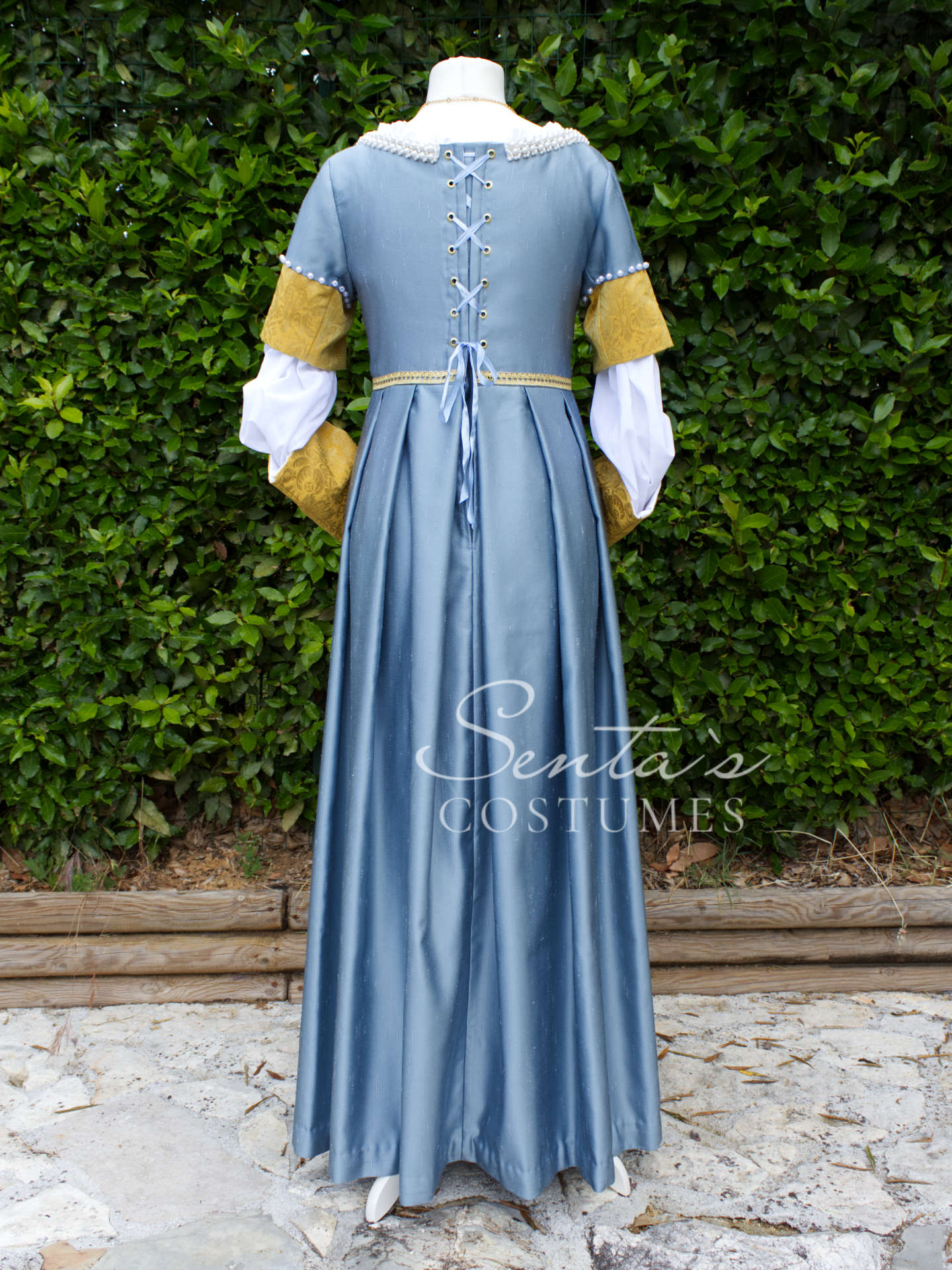 Blue and yellow Renaissance dress with hat and blue fan M L (EU) – handmade