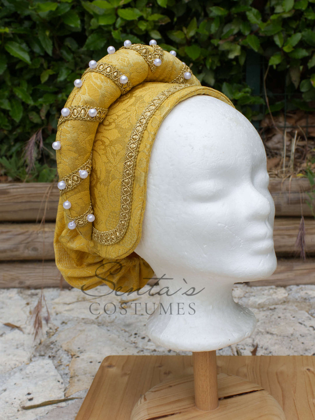 Blue and yellow Renaissance dress with hat and blue fan M L (EU) – handmade