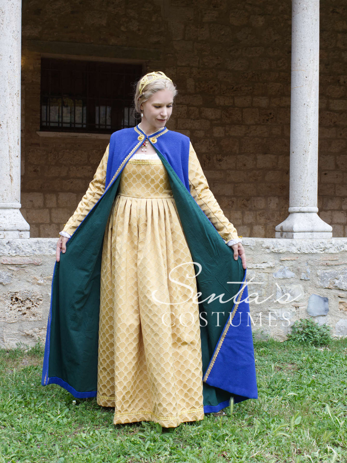 Long renaissance woollen coat in blue and green 36-42 (EU) – handmade