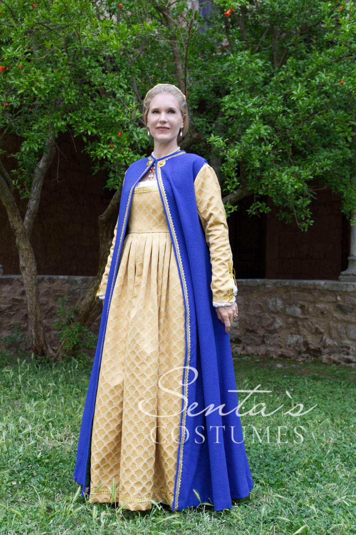 Long renaissance woollen coat in blue and green 36-42 (EU) – handmade