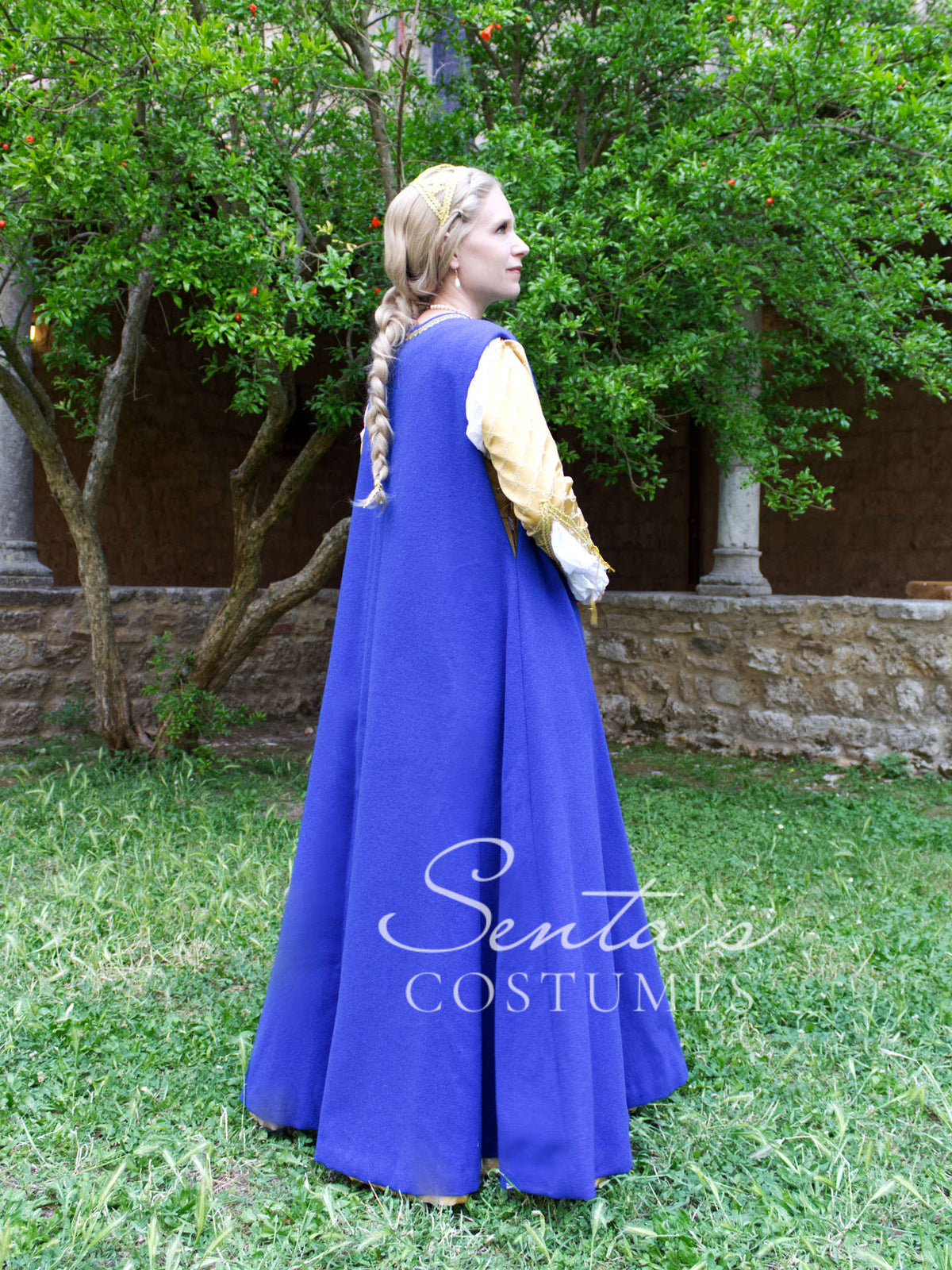 Long renaissance woollen coat in blue and green 36-42 (EU) – handmade