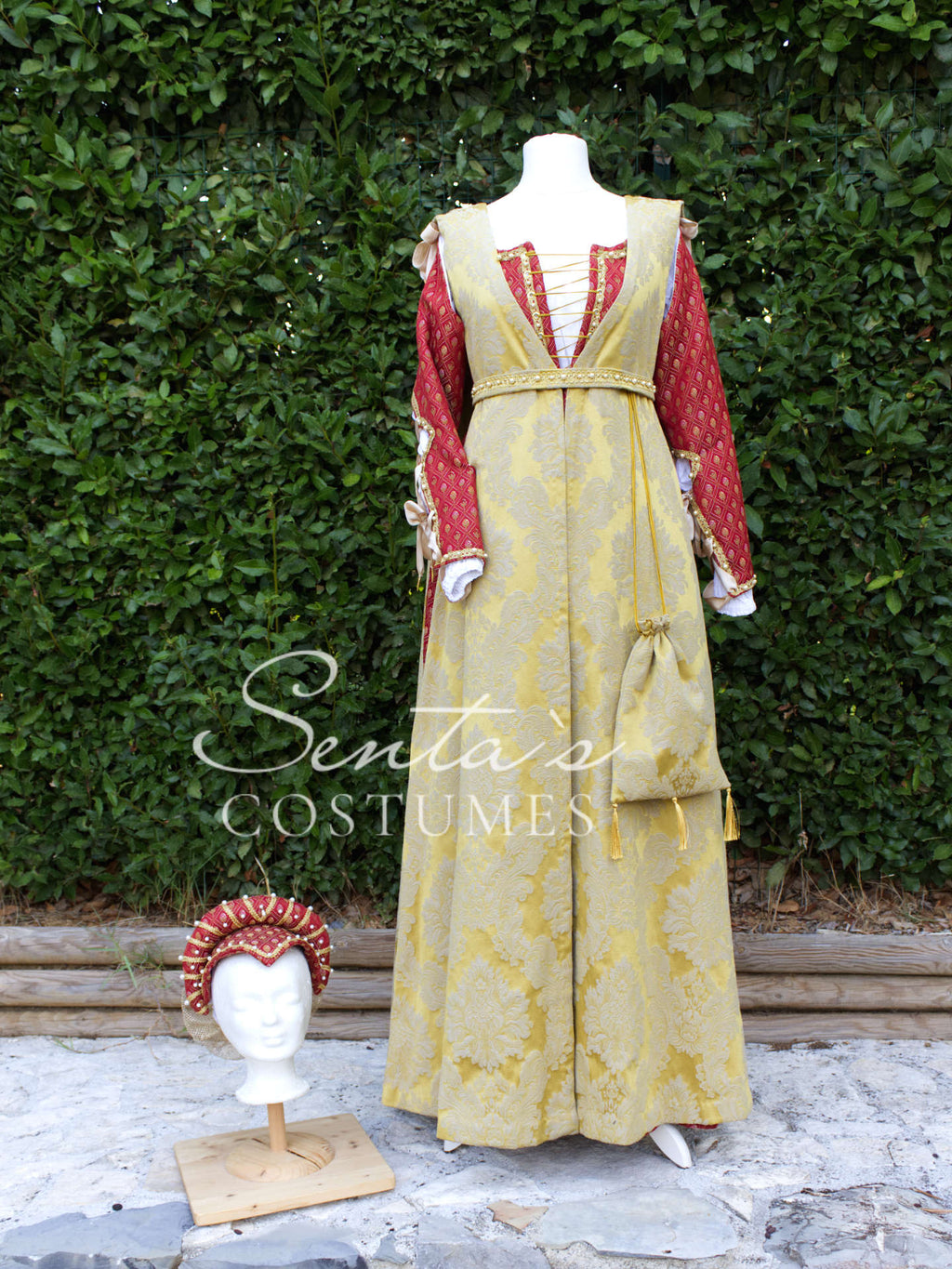 Rotes Renaissancekleid mit Giornea, Haube und Partlet 36-40 (EU) – handgefertigt