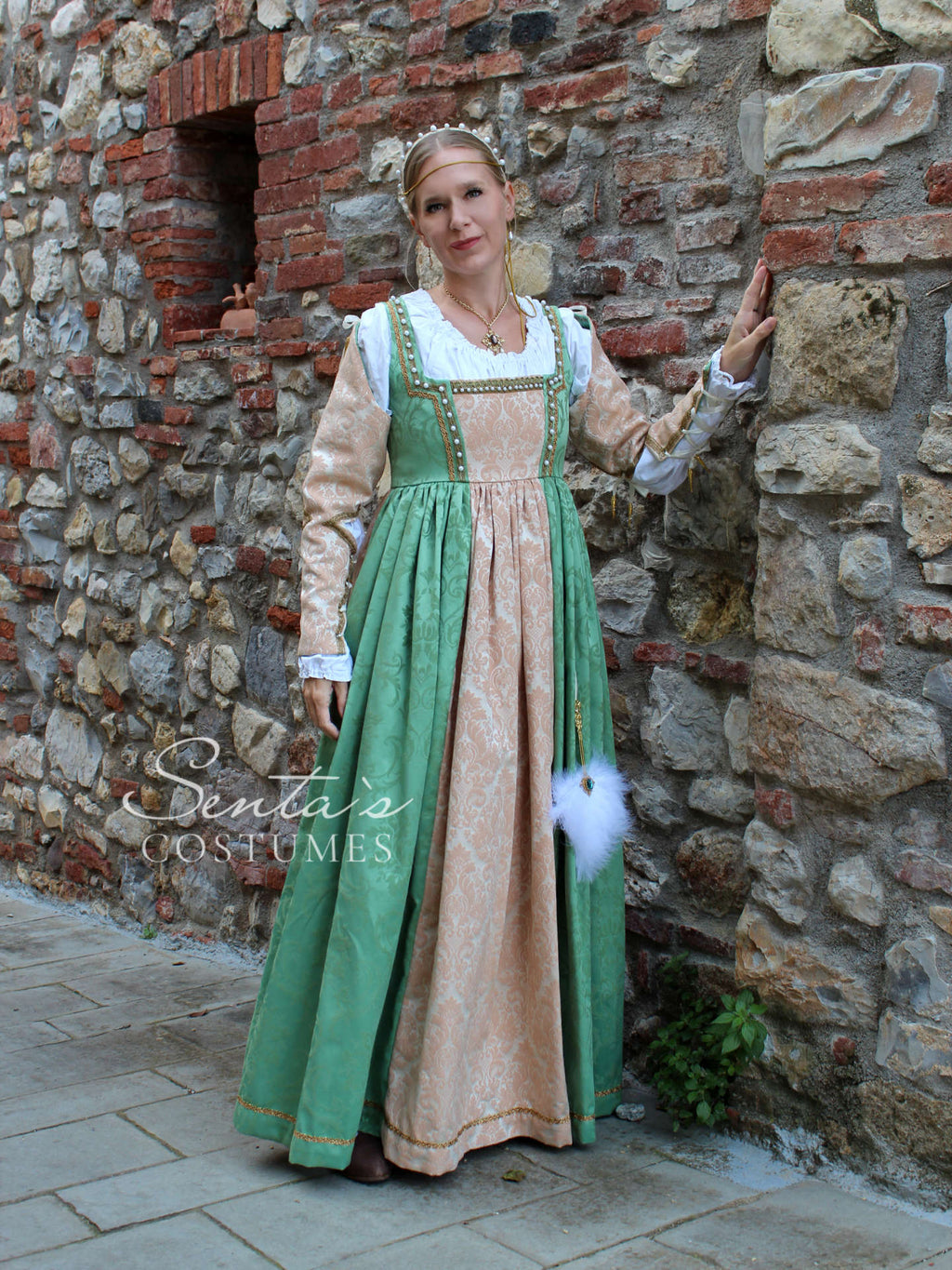 Abito rinascimentale verde chiaro e albicocca – fatto a mano